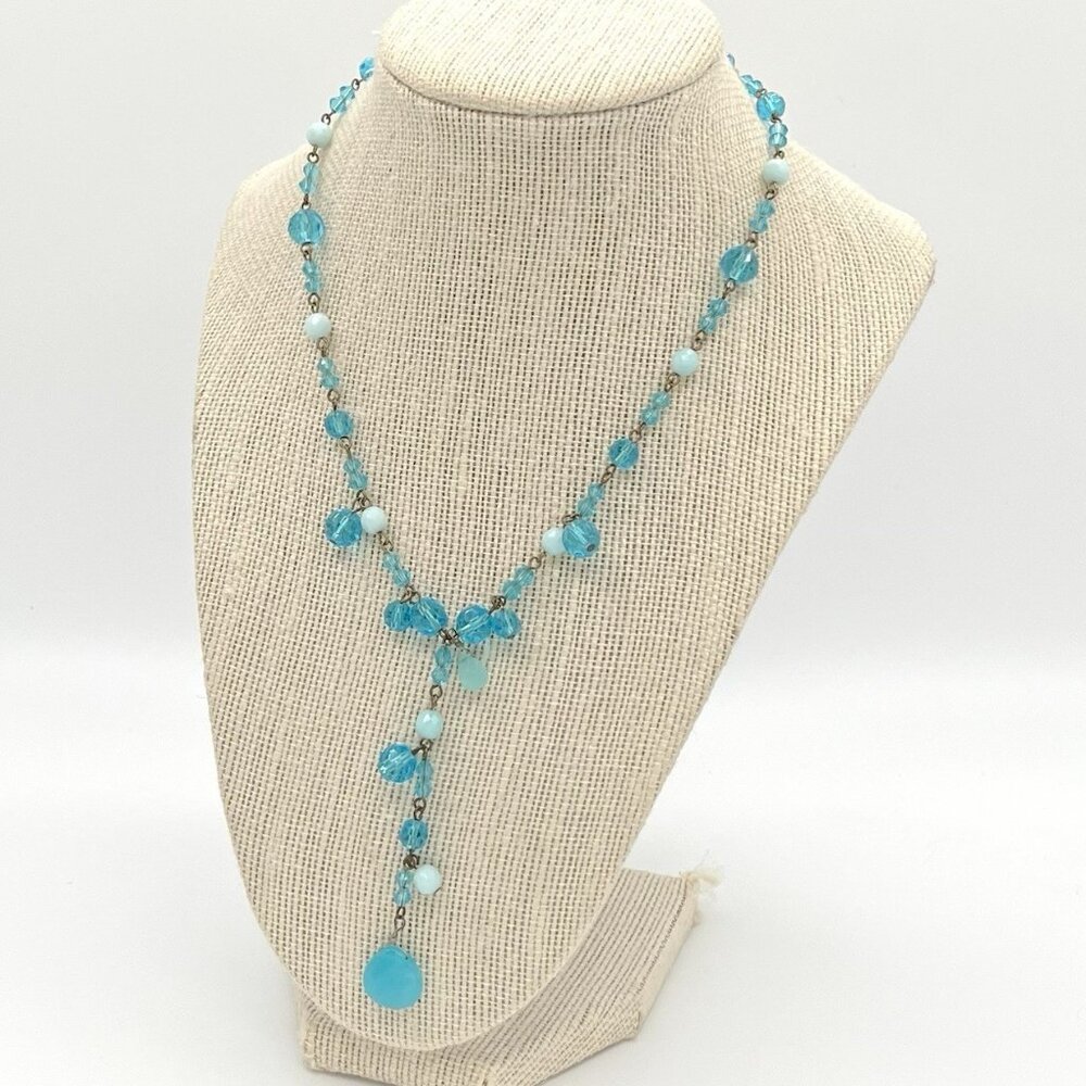 Vintage 90s Y2K Sterling 925 Y Drop Necklace Aqua Blue Glass Beads Artisan Boho